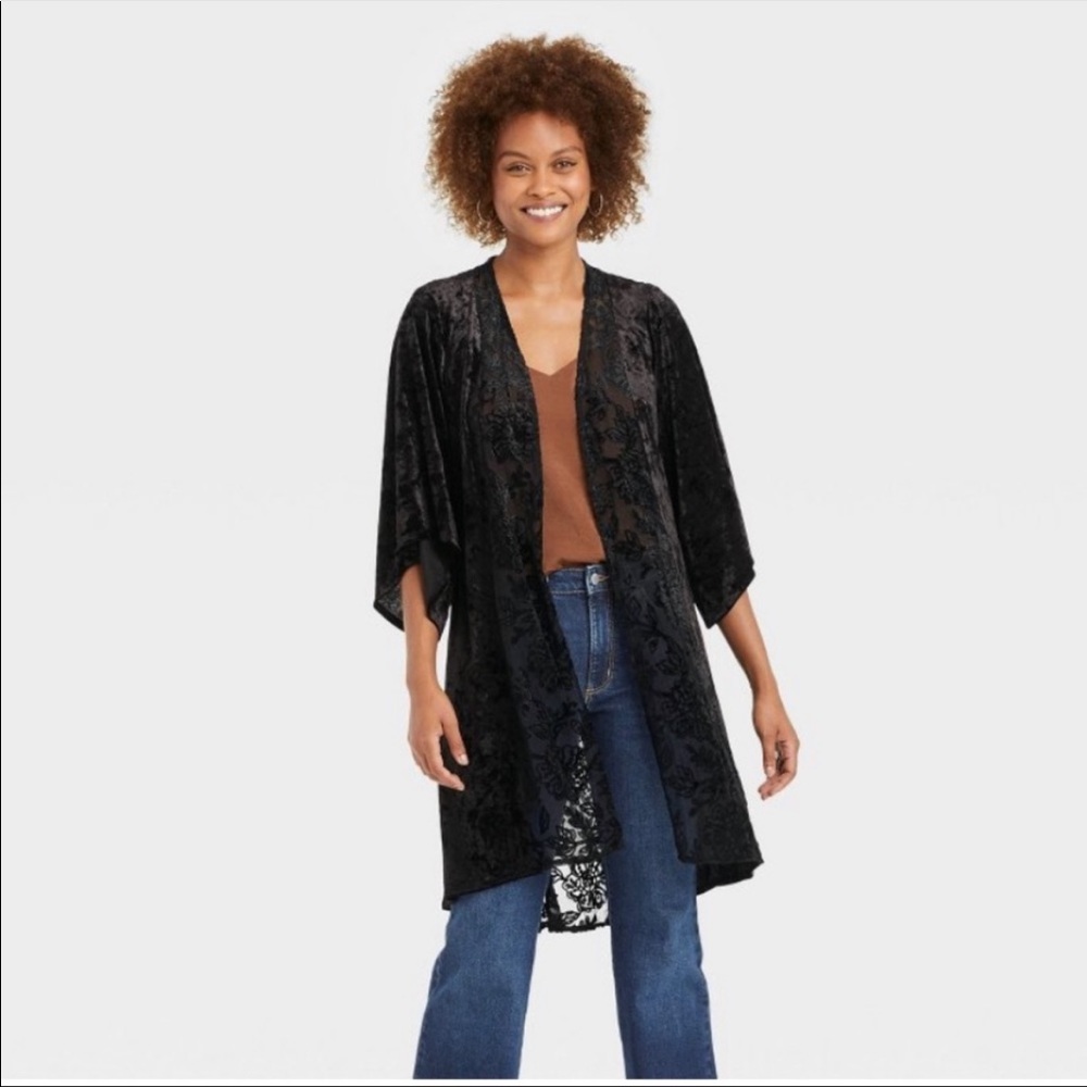 NWT Knox Rose Black 3/4 Sleeve Velour Duster Top Size XS / Small